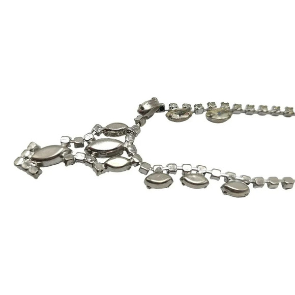 Clear Rhinestone Crystal Y Drop Necklace Hook Closure Silver Tone Vintage - Picture 3 of 4